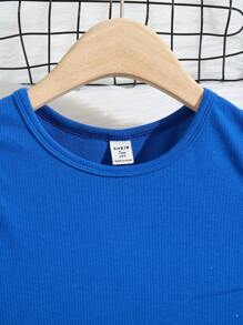 SHEIN Teens Girls Elegant Knit Printed Waist-Cinching A-Line Dress, Casual Daily Wear - Blue and White - View 5