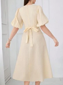 Modelyn 女士纯色前系带短袖简约休闲长裙 - 杏色 - 查看 4