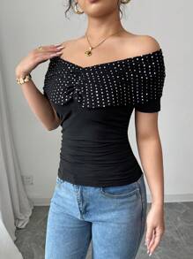 Elenzga 女士时尚通勤亮片装饰露肩 T 恤