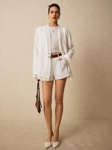 Poéselle 女士纯色褶裥口袋宽松休闲短裤常规西装短裤白色带口袋短裤女装商务休闲女装职业女装春季女装白色女式短裤亚麻短裤春季女装办公室着装夏季短裤夏季下装女式短裤西部风格女装节日波西米亚嬉皮复古波西米亚风