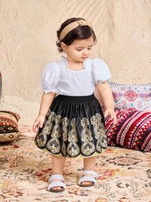 Babygirl קיץ מתוק לבן חולצה קצרה וחצאית מיני בדוגמת זהב יוקרתית 2 חלקים סט - שחור ולבן - ראה 4