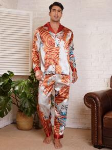 Manfinity Underwear&Sleepwear Basics 男士长袖衬衫和长裤睡衣套装，简约时尚，适合日常休闲穿着 - 彩色 - 查看 5