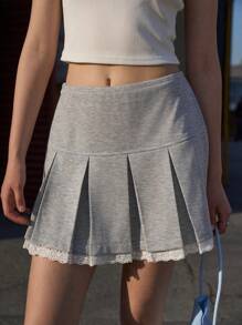 Jouncy Women Contrast Color Embroidery Ruffle Pleated Mini Skirt