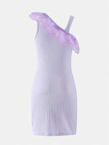 SHEIN Girls' Chic Street Style Asymmetric Sleeveless Mesh Ruffle Trim Solid Color Mini Snug Fit Party Club Dress - Purple - View 2