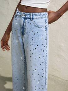 Maija Pantalones vaqueros de mujer de tiro bajo y pierna recta con lentejuelas brillantes para primavera y verano