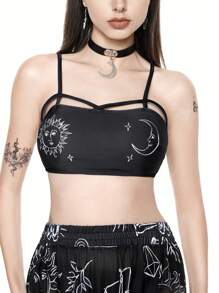 ROMWE Goth 3pcs/Set Women's Swimwear, Moon & Star Hand Painted Graphic Bikini Set With Bra & Swimming Brief & Long Cover-Up Skirt Swimwear, Summer Beach Vacation, Halloween - Black and White - View 4