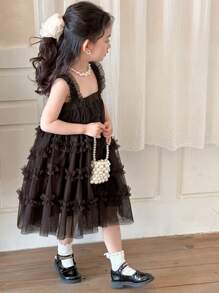 DAZY Young Girl Mesh Patchwork Wide Strap Simple Bear Pattern Party Dress,Girls Summer Outfits - Brown - View 9