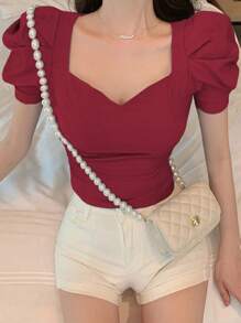 DAZY Áo cánh tay bồng cổ vuông ngắn màu trơn cho nữ mùa hè - Màu Đỏ Sâu - Xem 4