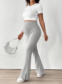 SHEIN Maternity Casual Solid Color Adjustable Waist Flared Pants - Light Grey - View 5