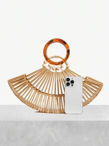 SHEIN SXY 女士手提包，竹节包，时尚优雅，简约个性，百搭，适合海滩、度假、节日、夏季、海边 - 杏色 - 查看 4