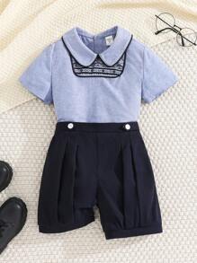 2pcs Kids Boy Casual College Style Comfortable Printed Collar T-Shirt And Solid Color Shorts Set, Versatile Gentleman Suit Suitable For School, Garden, Beach, Birthday, Spring, Summer, Fall, Winter - Blue - View 3