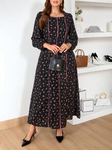 SHEIN Frenchy 大码女式黑色碎花长裙，轻盈休闲黑色长裙，春夏新品 - 黑色 - 查看 5