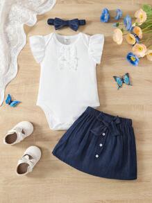 SHEIN 3 件套女婴盖袖上衣和裙子夏季套装 - 白色 - 查看 6