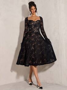 SHEIN BAE Kỳ nghỉ hè đầu xuân đen gợi cảm đơn giản thanh lịch dài tay tutu corset ren váy đơn giản cho nữ, váy ngày lễ tình nhân, váy dự tiệc, váy hẹn hò lãng mạn, váy phù dâu cưới, váy dạ hội, váy đi làm hàng ngày, váy sinh nhật, váy ngày lễ - màu đen - Xem 6