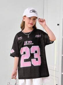 SHEIN Tween Girl Knit Mesh Numeric & English Letter Print Loose Dropped Shoulder Pullover T-Shirt, Suitable For Back To School, Sports Event, Fashion Streetwear