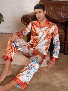 Manfinity Underwear&Sleepwear Basics 男士长袖衬衫和长裤睡衣套装，简约时尚，适合日常休闲穿着 - 彩色 - 查看 1