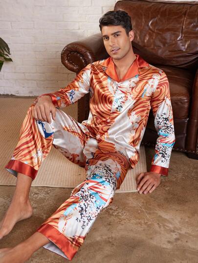 Manfinity ChillVibe Men's Long Sleeve Shirt And Long Pants Pajama Set, Minimalist And Fashionable For Casual Daily Wear