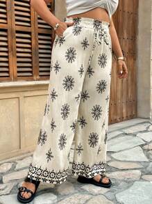 Breezaya Plus Size Digital Printed Pants, Casual And Fashionable For Everyday Wear Fall Cloth For Women - Apricot - View 5