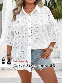 SHEIN CURVE+ Plus Eyelet Embroidery Drop Shoulder Shirt Boho Vacation - White - View 1