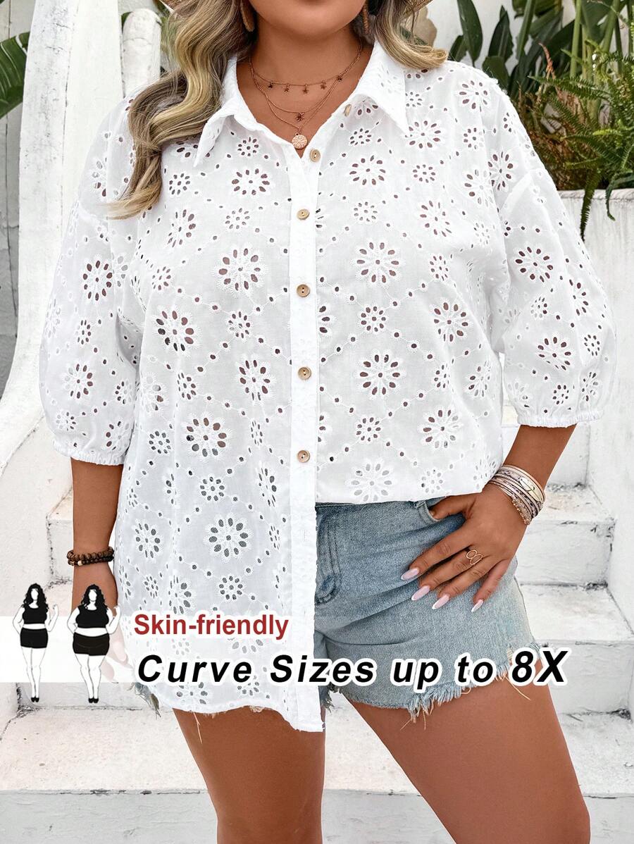 SHEIN CURVE+ Plus Eyelet Embroidery Drop Shoulder Shirt Boho Vacation - White - View 1