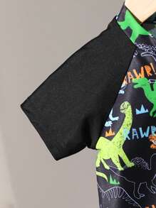 SHEIN 婴幼儿男孩卡通恐龙印花前拉链短袖连体泳衣，男婴夏季假日沙滩装 - 彩色 - 查看 3