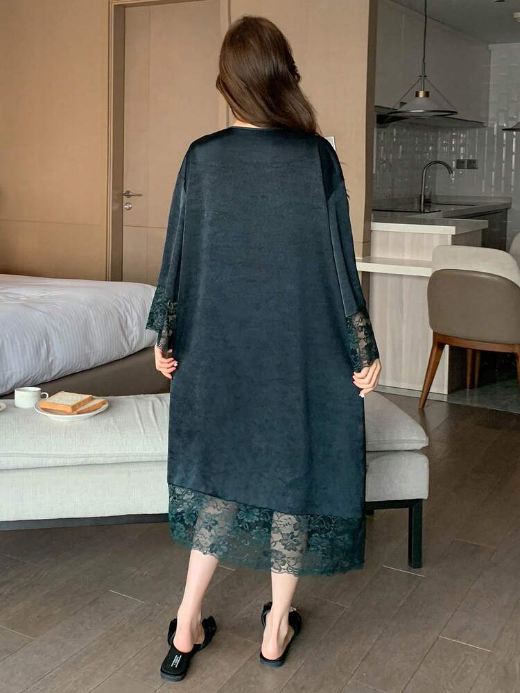Women's Elegant Satin & Lace Patchwork Loose Tied Bathrobe Pajama