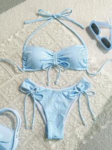 SHEIN Swim Top corto a collo alto in tessuto jacquard a tinta unita con fiocco anteriore e parte inferiore arricciata in vita, bikini elegante e alla moda in due pezzi con decorazione di perle, per l estate e le vacanze in spiaggia - blu polveroso - Visualizzare 1