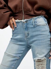 SUMWON WOMEN Distressed Low Rise Slouchy Jeans Y2K Style Relaxed Fit Denim Pants Straight Leg Ripped Knee Casual Street Fashion All Season Wear - Blue - View 6