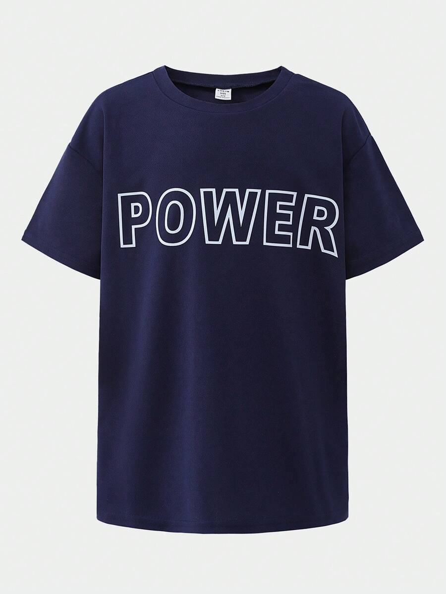 SHEIN 活力男童圆领短袖字母印花 T 恤，儿童夏季流行服装 - 黑色 - 查看 1