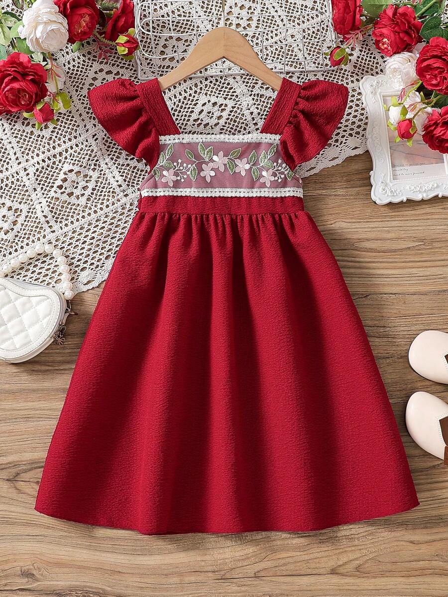 Young Girl' Embroidered Floral Colorblock Plaid Bubble Cap Sleeve Dress, Vacation & Outdoor Princess Dress - Red - View 1