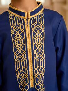 Young Boy Geometric Print Patchwork Ribbon Collar Long Sleeve Long Shirt - Royal Blue - View 6