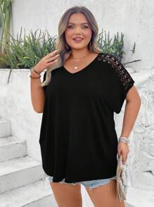 SHEIN CURVE+ Plus Contrast Lace Dolman Sleeve Tee Boho Vacation - Black - View 6