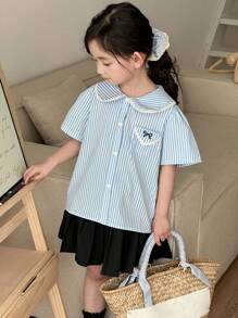 Dazy Kids 女孩条纹纽扣衬衫 - 藍白色 - 查看 3