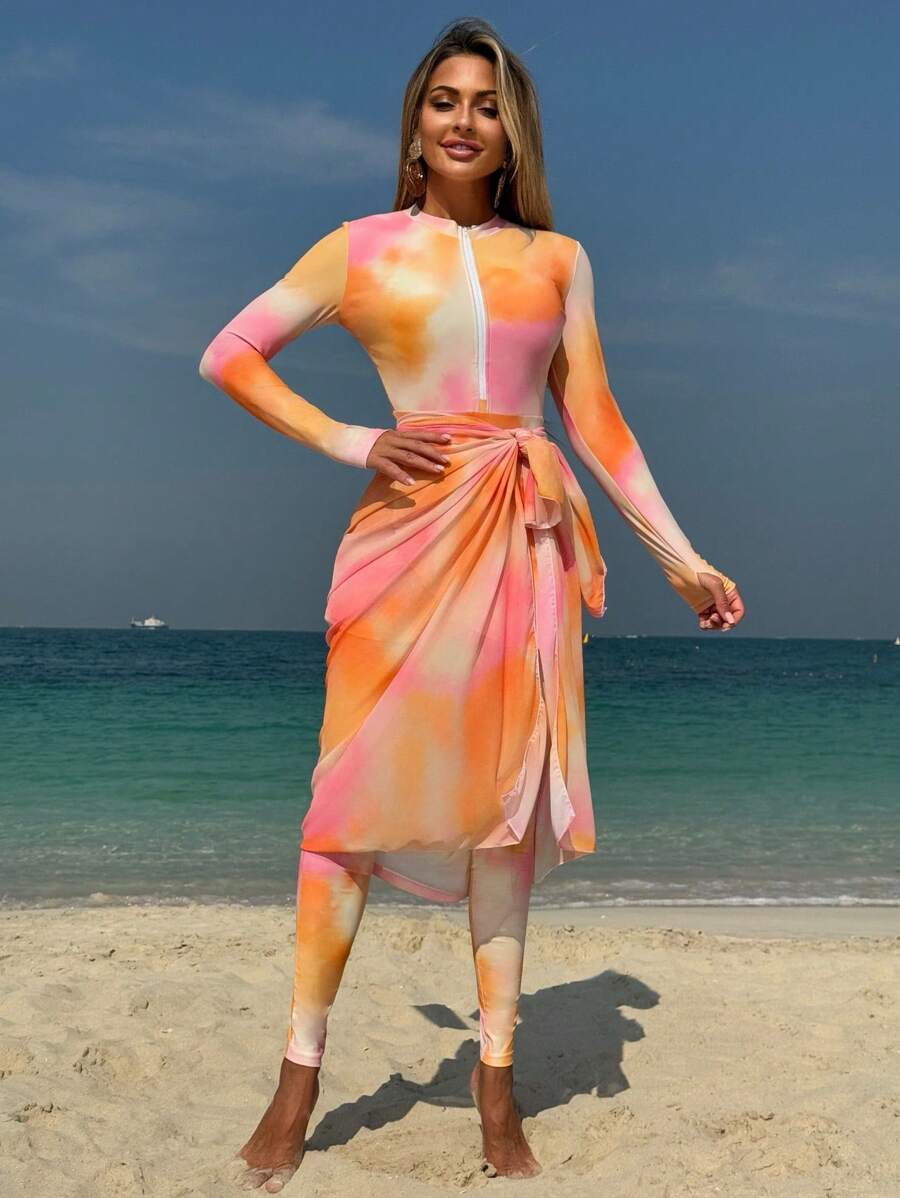 Swim Mulvari 3pcs/Set Women's New Modest Swimwear, Zip Up High Neck Long Sleeve Top And Long Pants, Conservative & Elegant Burkini Set With Skirt, For Summer Beach Vacation Arabic Clothing - Multicolor - View 1