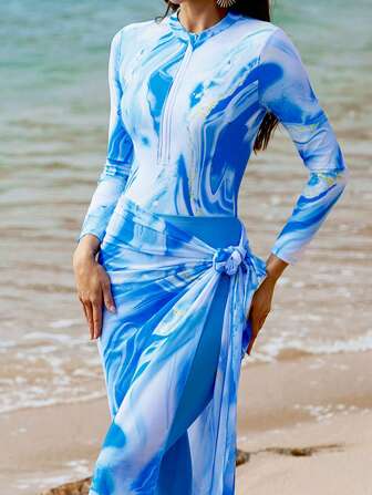 Swim Shayni 女士春夏纯色长款泳裤，拉链长袖连体泳衣，长裙，蓝色荧光大理石印花图案，女士三件套布基尼套装阿拉伯服装