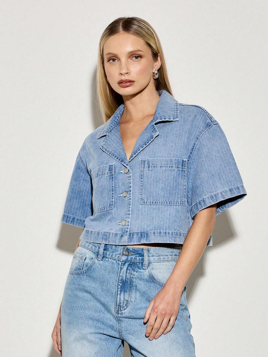 AiiRZ 复古短款牛仔夹克纽扣前短袖宽松实用工装风格立领夏季春季休闲街头时尚上衣 - 藍色 - 查看 1