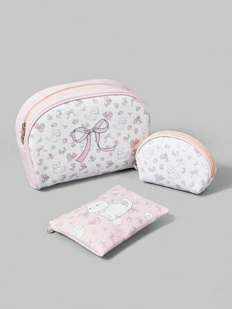 Kawaii Set de 3 bolsas de maquillaje portátiles de gran capacidad con diseño lindo de gato