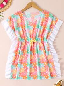 SHEIN Girls Net Mesh Cover-Up Top, Random Print - Multicolor - View 1