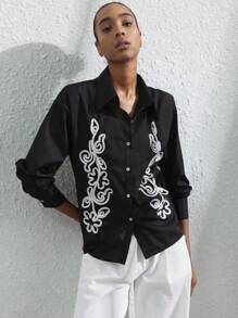 SHEIN Privé Minimalist Elegant Luxurious Retro Design Casual Versatile Black Lapel White 3D Embroidery Women Long Sleeve Shirt - Black - View 6