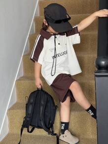 DAZY 2 Stücke/Set Kleine Jungen Outfit mit Kontrast-Farb-Raglanärmel-Polohemd mit Buchstabendruck und Shorts