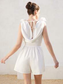 Aveloria Rosie Women's Solid Color Sleeveless Wrap Front Satin Texture Decorated Romper Elegant FashionableOld Money Style For Summer - White - View 2