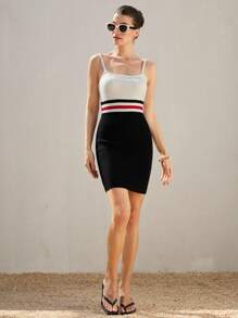Revavyn Color Block Stripe Pattern Simple Elegant Sports Chic Bodycon Camisole Knit Dress   For Summer - Multicolor - View 4