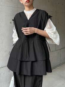 FRIFUL Women's Black Loose V-Neck Jacket With Waist Ruffle, Elegant, Spring - Black - View 3