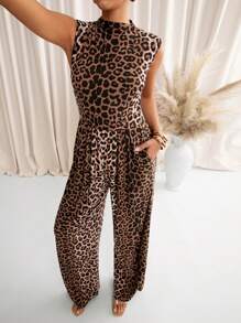 SHEIN Clasi 女士优雅立领豹纹口袋连体裤，修身休闲日常通勤装，适合春夏季