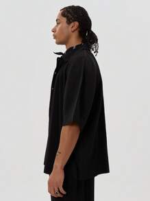 Musero Ribbed Short Sleeve Collared Button Through Oversized Shirt Spring Summer Essentials - Black - View 2