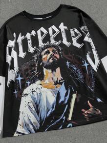 Manfinity VCAY Camiseta holgada de manga larga de punto con impresión digital 2 en 1 para hombre