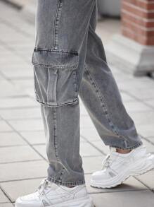 Manfinity Homme Men's Gray Loose Straight Leg Casual Cargo Jeans - Grey - View 6