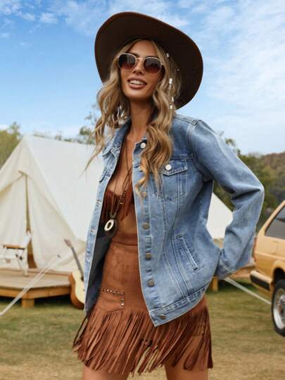 EMERY ROSE Women's Autumn Single Breasted Casual Denim Jacket