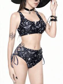 ROMWE Goth Women 2 Pieces Swimwear, Cutout Strappy Bow, Skull & Insect Full Print