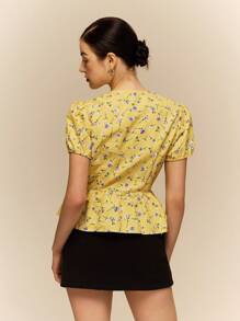 Poéselle Women's Front Tie Short Sleeve All-Over Floral Print Casual Shirt, Daily Wear,Romantic Tops,Going Out Tops Women,Summer Outfits For Women,Cute Summer Tops